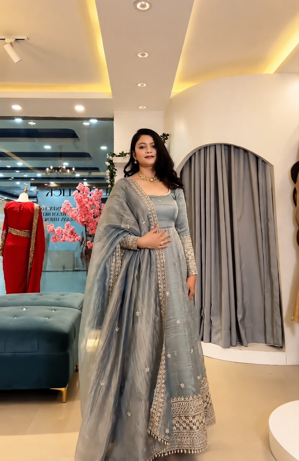 Crunchy Silk Fully Flared Embroidered Sequence Anarkali Set